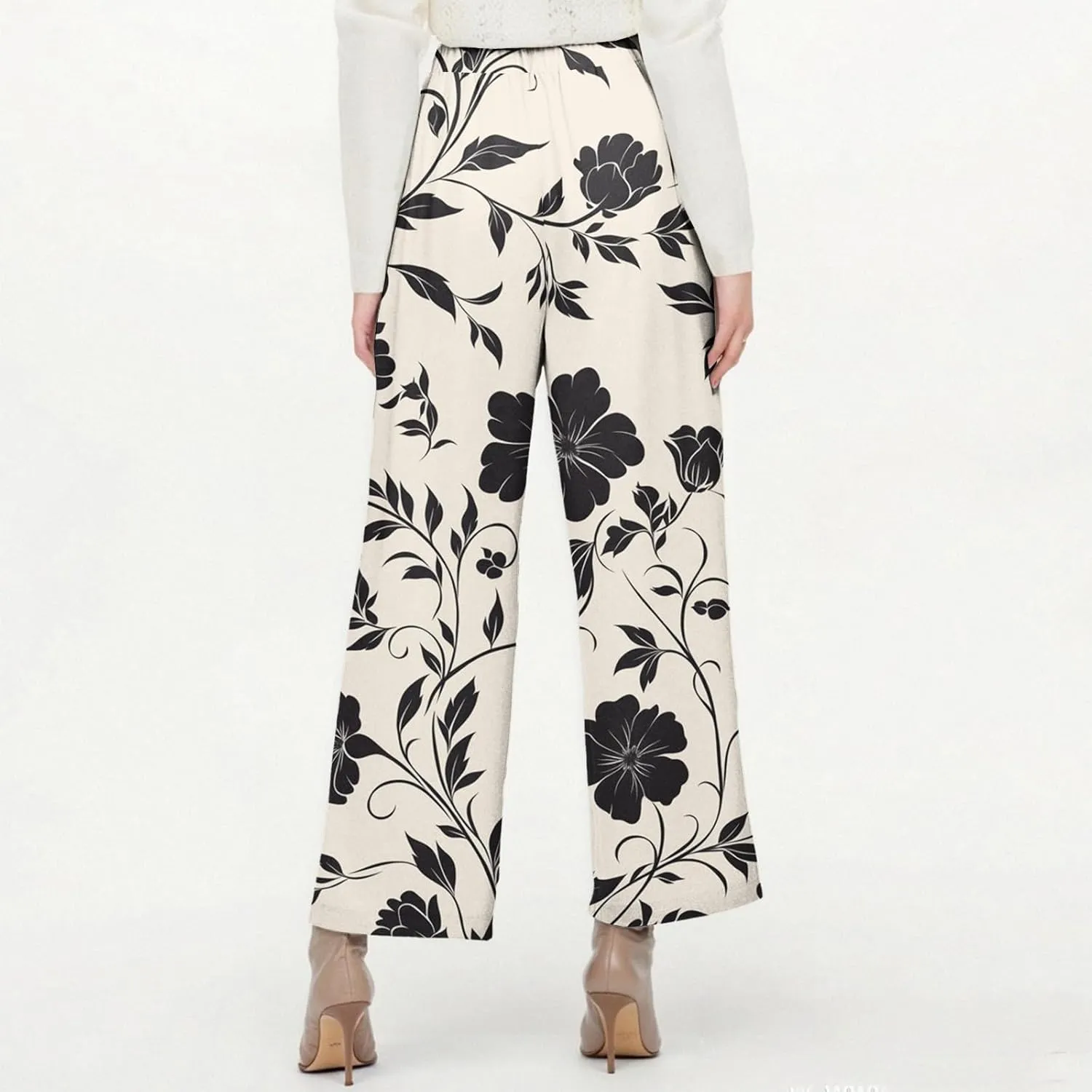 Womens Floral Print Pants Cropped Cotton Linen High Waisted Pants Flowy Elastic Summer Trousers Pocket Fashion Clothes