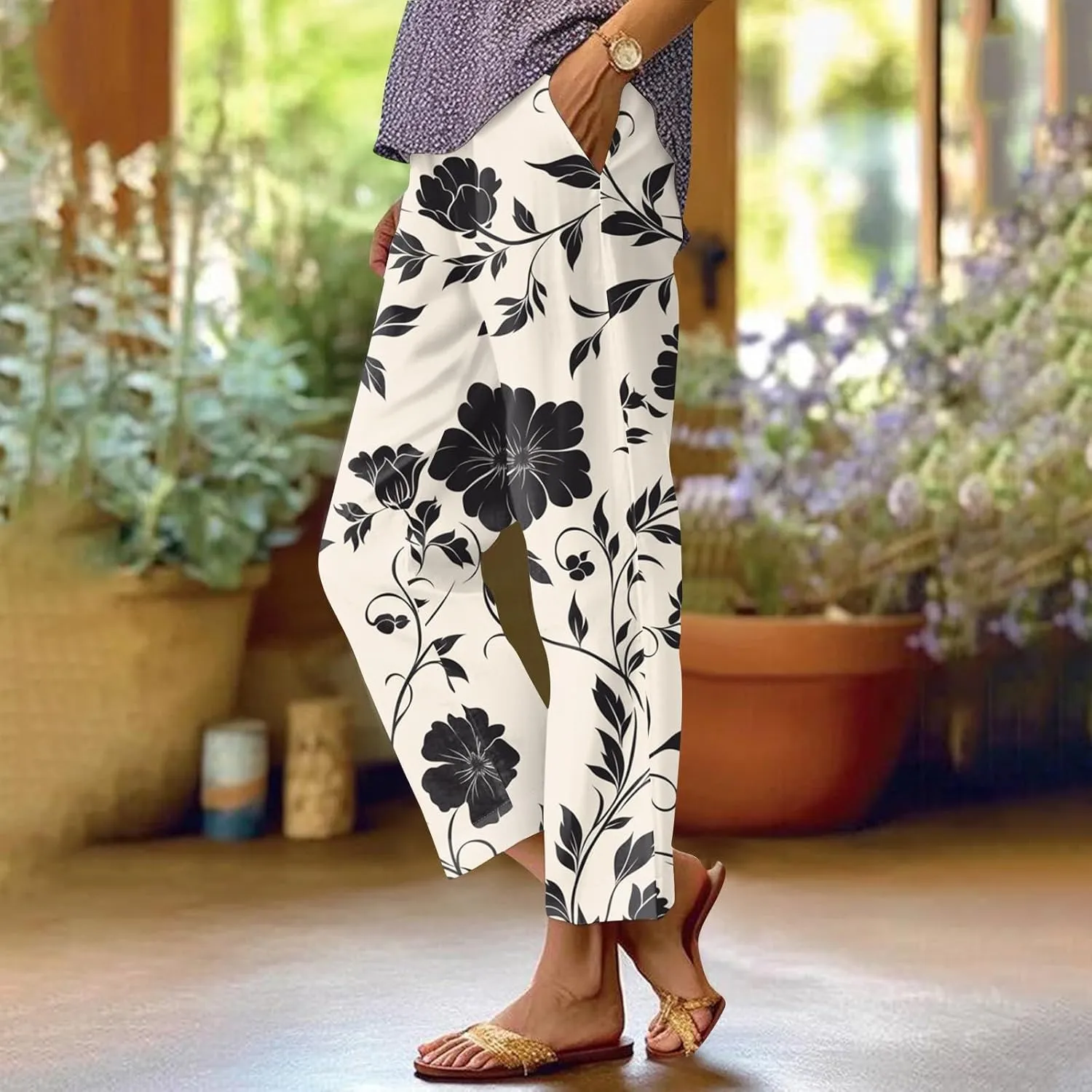 Womens Floral Print Pants Cropped Cotton Linen High Waisted Pants Flowy Elastic Summer Trousers Pocket Fashion Clothes