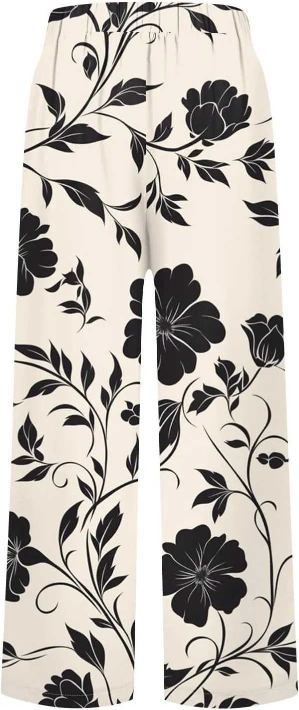 Womens Floral Print Pants Cropped Cotton Linen High Waisted Pants Flowy Elastic Summer Trousers Pocket Fashion Clothes