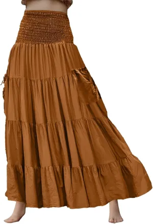 Womens Flowy Pleated Skirts A Line High Smocked Waist Midi Skirt Bohemian Casual Renaissance Skirt with Pockets 2025