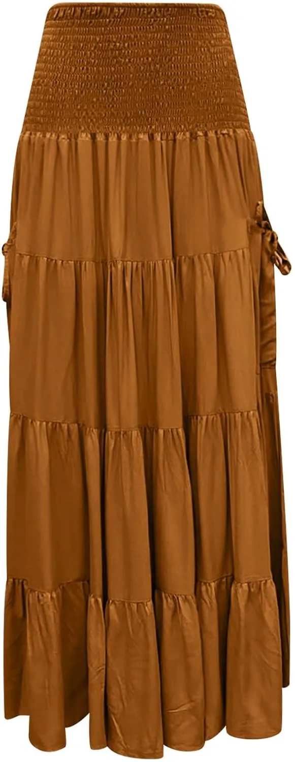 Womens Flowy Pleated Skirts A Line High Smocked Waist Midi Skirt Bohemian Casual Renaissance Skirt with Pockets 2025