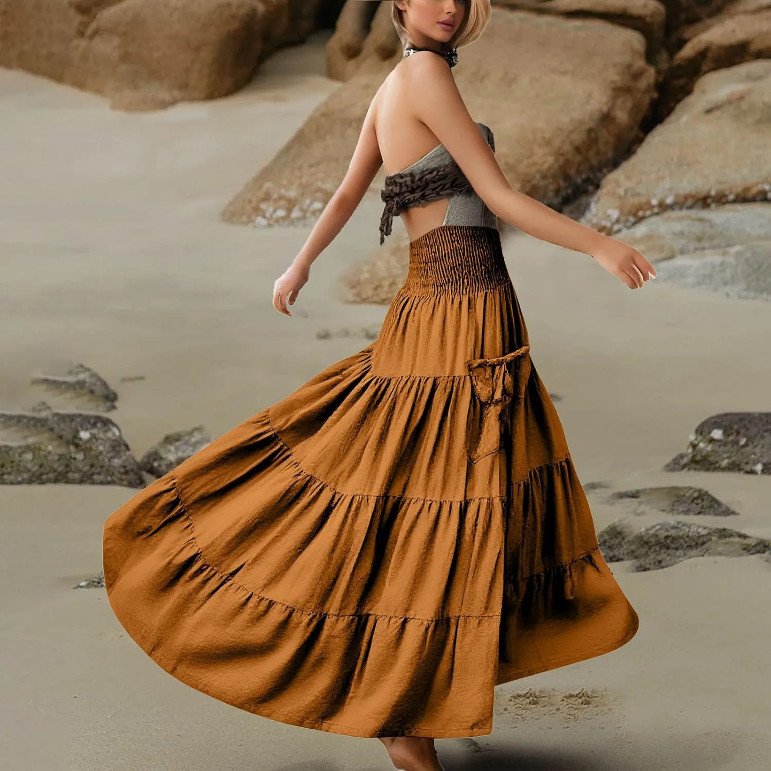 Womens Flowy Pleated Skirts A Line High Smocked Waist Midi Skirt Bohemian Casual Renaissance Skirt with Pockets 2025