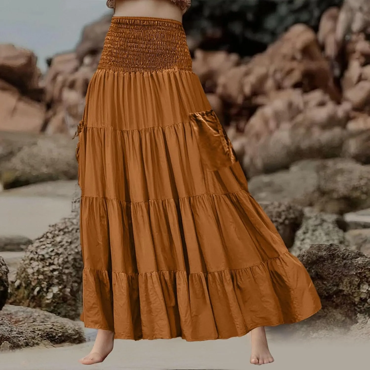 Womens Flowy Pleated Skirts A Line High Smocked Waist Midi Skirt Bohemian Casual Renaissance Skirt with Pockets 2025