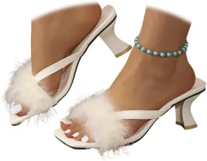 Women's Fuzzy Slippers Heels Square Toe Stilettos Heels Mules Sandals Fluffy Feather Slip On High Heeled Wedding Bridal Party Shoes
