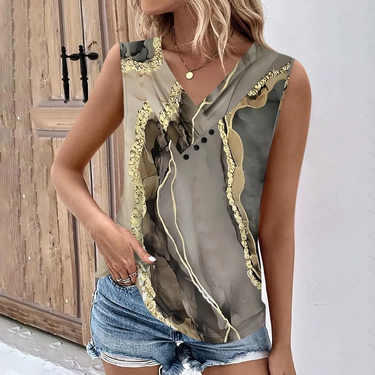 Womens Graphic Tees V-Neck Button Down Tank Tops Summer Sleeveless Shirts Dressy Casual Loose Fit Vacation Blouses