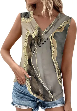 Womens Graphic Tees V-Neck Button Down Tank Tops Summer Sleeveless Shirts Dressy Casual Loose Fit Vacation Blouses