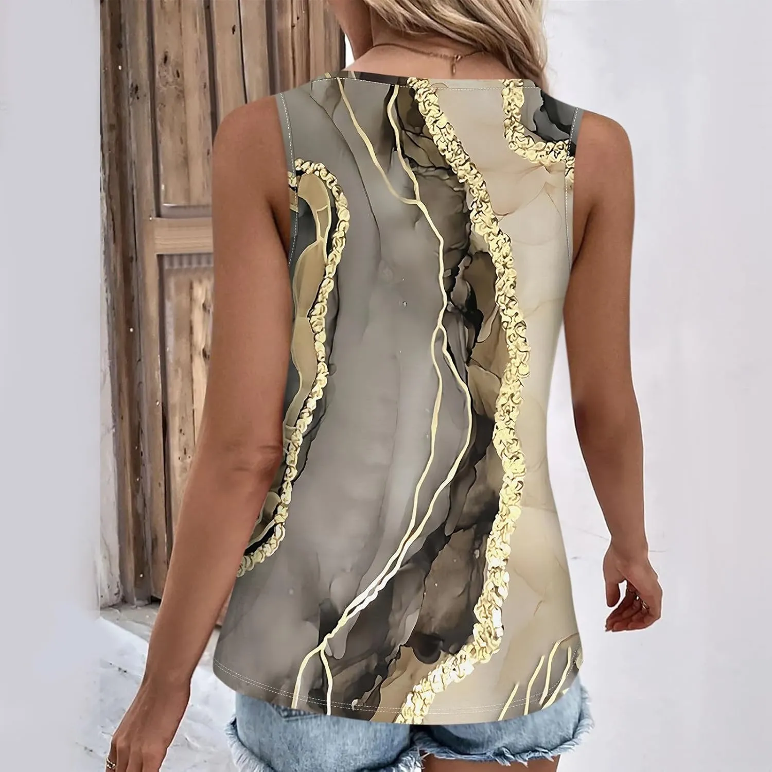 Womens Graphic Tees V-Neck Button Down Tank Tops Summer Sleeveless Shirts Dressy Casual Loose Fit Vacation Blouses