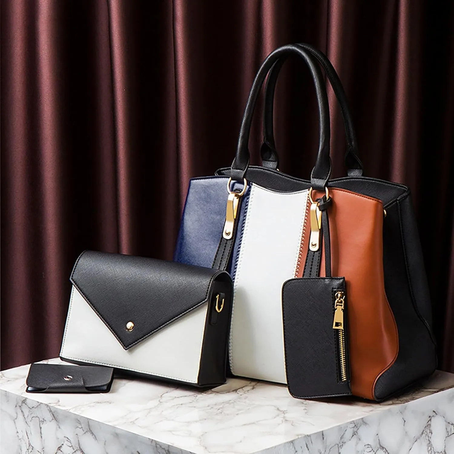 Womens Handbags And Purses Fashion Synthetic Leather Handbag Top Handle Satchel Clutch Purse Set 4Pcs