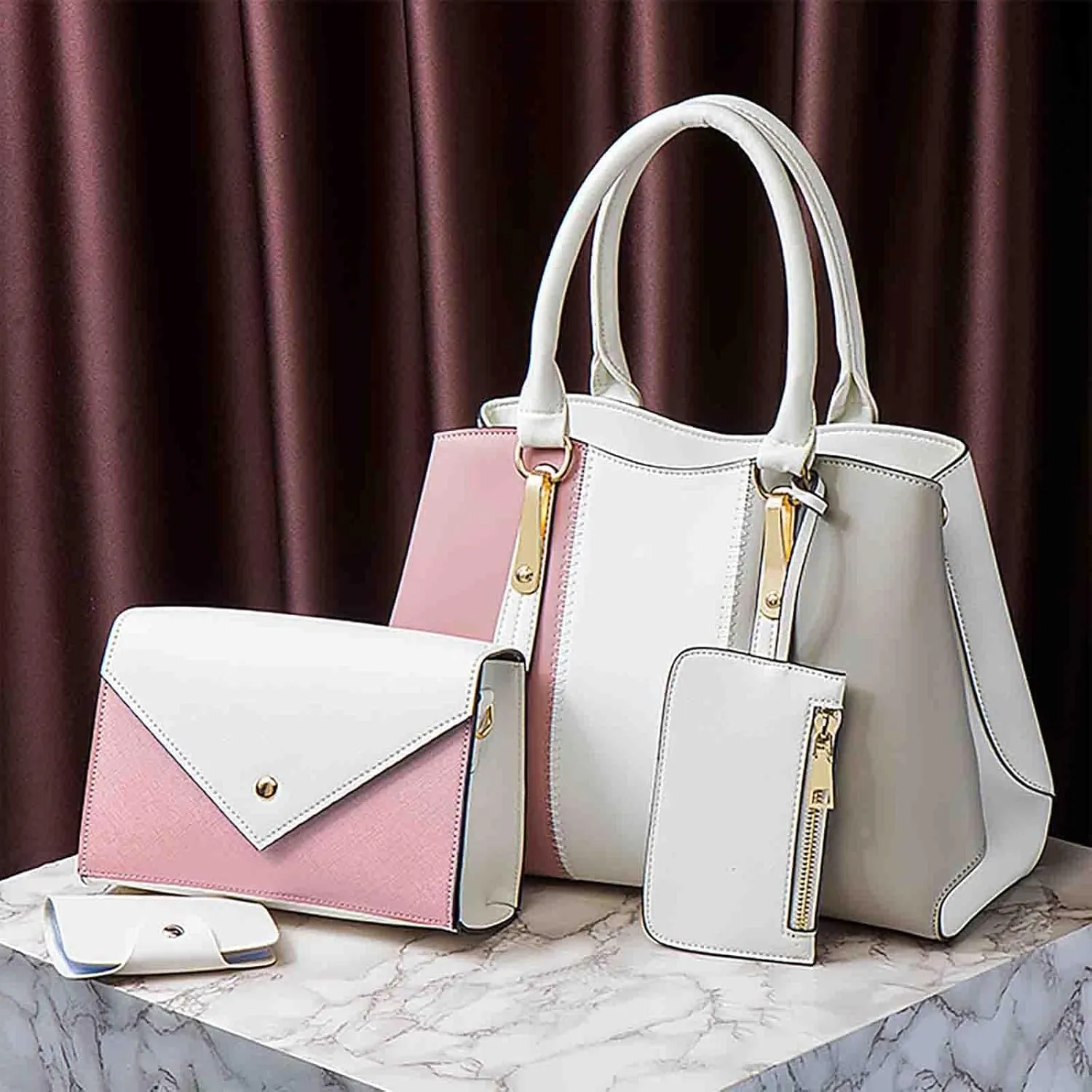 Womens Handbags And Purses Fashion Synthetic Leather Handbag Top Handle Satchel Clutch Purse Set 4Pcs