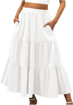 Women's High Waisted Skirts Casual Stretchy Elastic Waist Flowy Skirt Pleated Trendy Comfortable Skorts with Pockets
