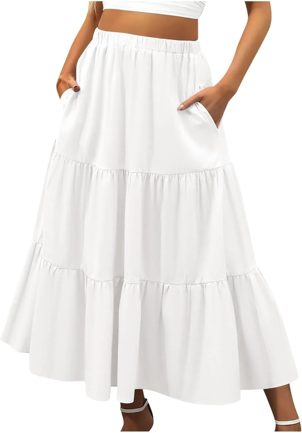 Women's High Waisted Skirts Casual Stretchy Elastic Waist Flowy Skirt Pleated Trendy Comfortable Skorts with Pockets
