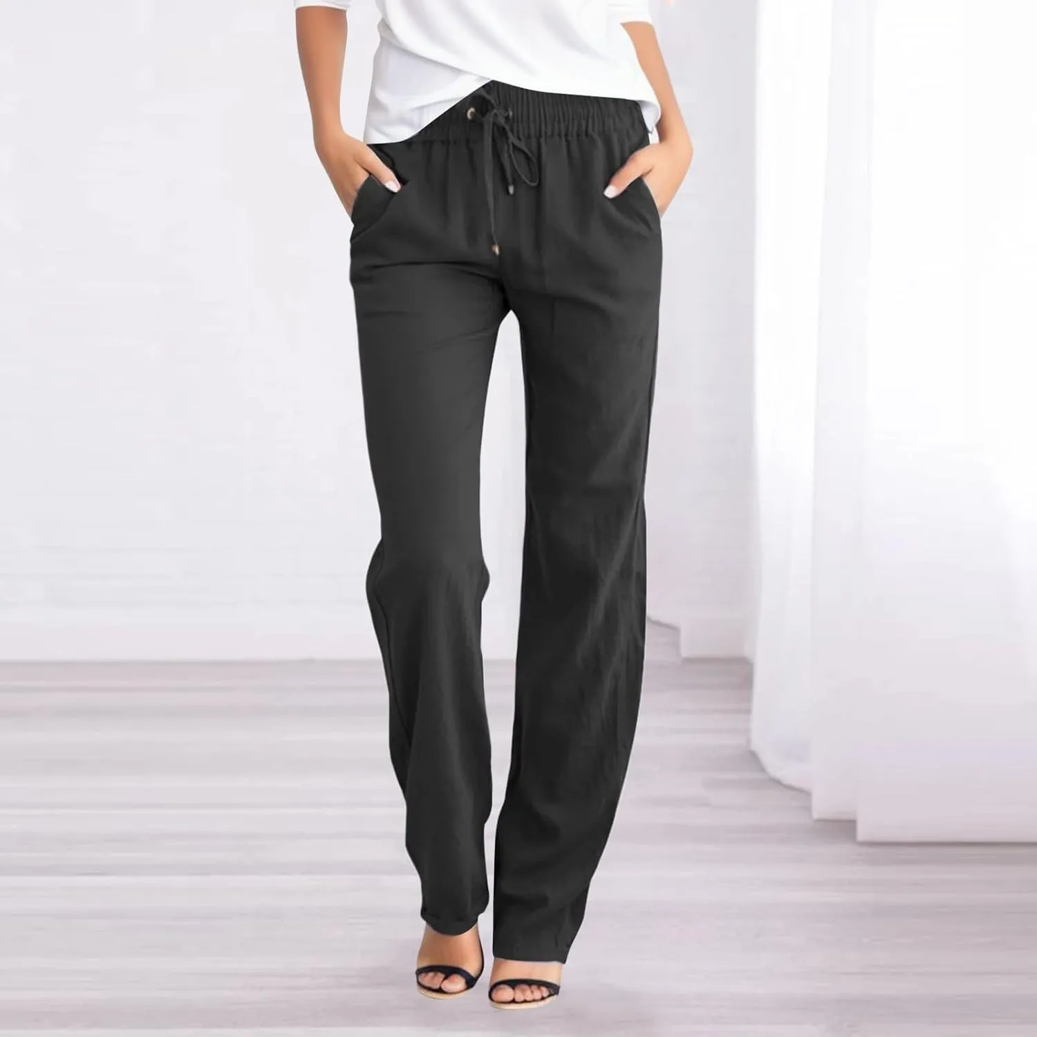 Womens High Waisted Wide Leg Pants Casual Drawstring Elastic Trousers Comfy Straight Leg Long Palazzo Yoga Pants Pocket