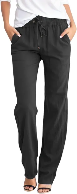 Womens High Waisted Wide Leg Pants Casual Drawstring Elastic Trousers Comfy Straight Leg Long Palazzo Yoga Pants Pocket