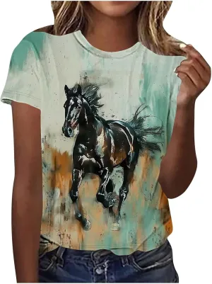 Womens Horse Racing Tops Cap Sleeve Summer Retro Blouse Crew Neck Tee Shirt Stylish Workout Tshirts for Ladies