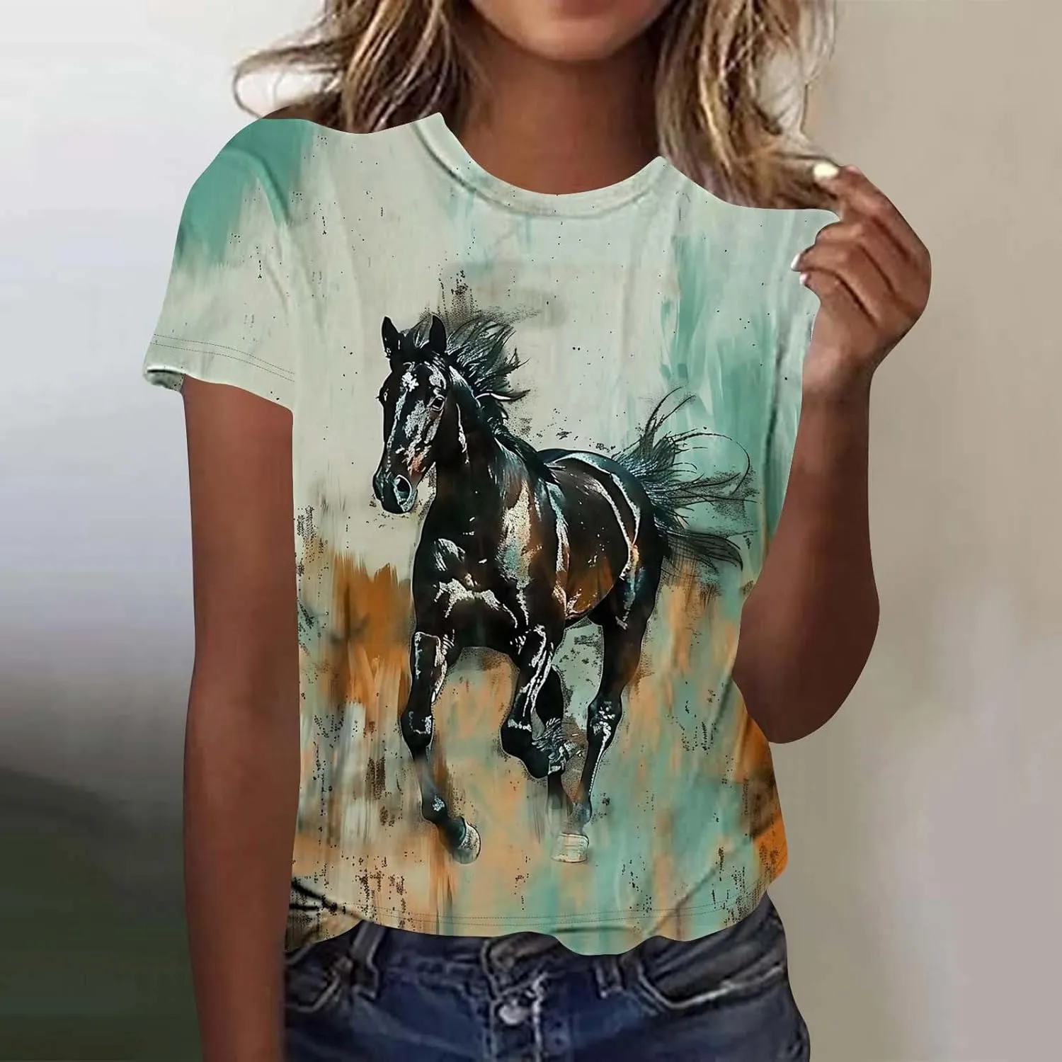 Womens Horse Racing Tops Cap Sleeve Summer Retro Blouse Crew Neck Tee Shirt Stylish Workout Tshirts for Ladies