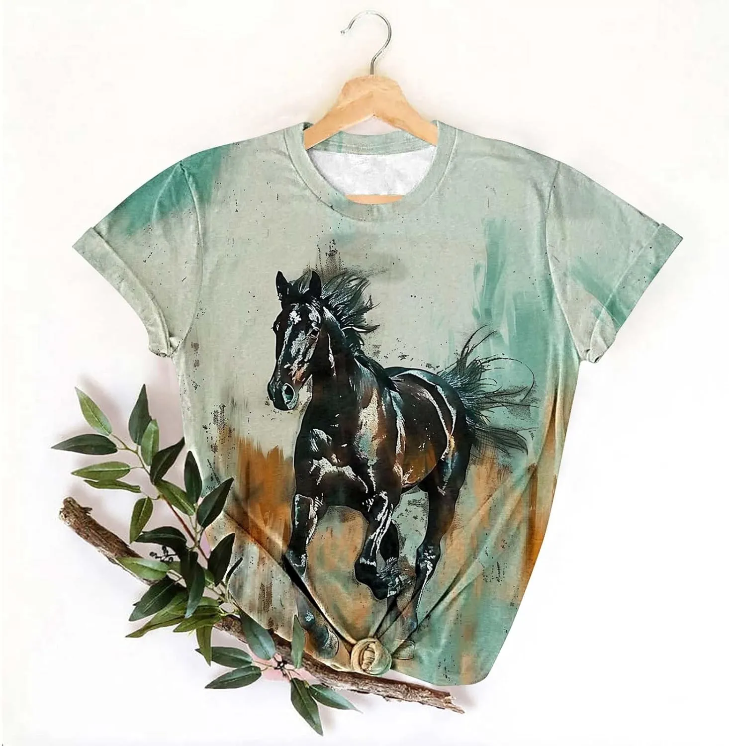 Womens Horse Racing Tops Cap Sleeve Summer Retro Blouse Crew Neck Tee Shirt Stylish Workout Tshirts for Ladies
