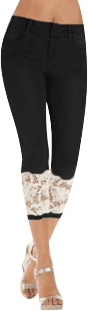 Women's Lace Capri Trousers Ladies 3/4 Length Denim Pants Jeans Capri Leggings Plus Size Capri Pants Casual Trouser