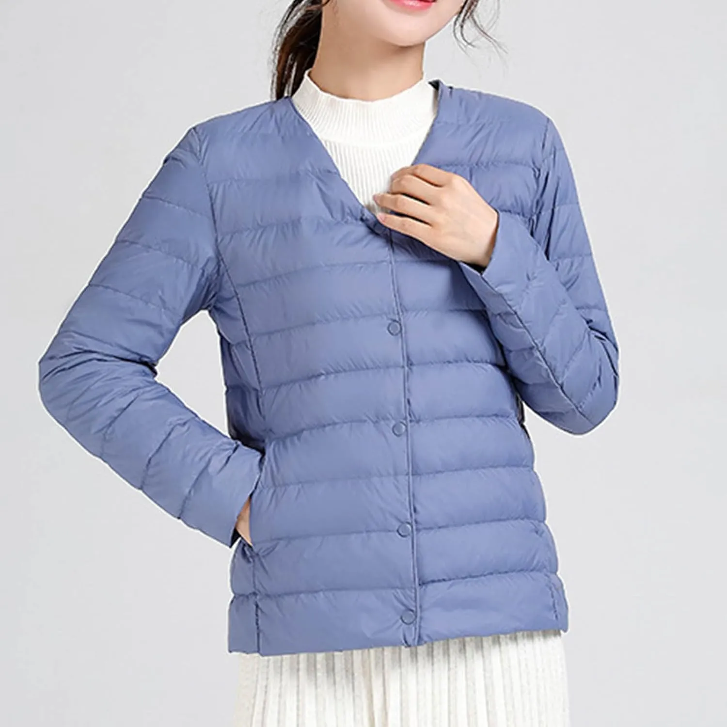 Women's Lightweight Down Jacket Plus Size Winter Warm Cotton Jackets Button V-Neck Long Sleeves Cotton Parkas Coat