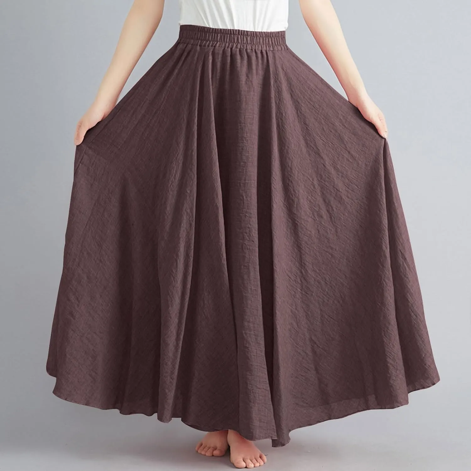 Womens Linen Maxi Skirts Summer Boho Solid Beach Elastic High Waist Pleated A-Line Flowy Swing Long Maxi Skirts