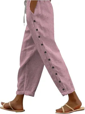 Womens Linen Pants Petite Length High Waisted Drawstring Summer Casual Beach Vacation Capri Pants with Pockets