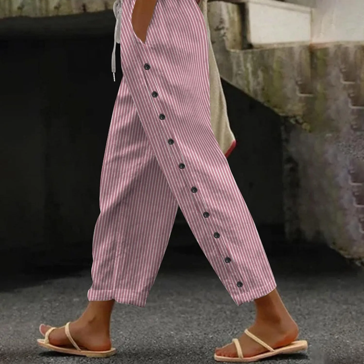 Womens Linen Pants Petite Length High Waisted Drawstring Summer Casual Beach Vacation Capri Pants with Pockets