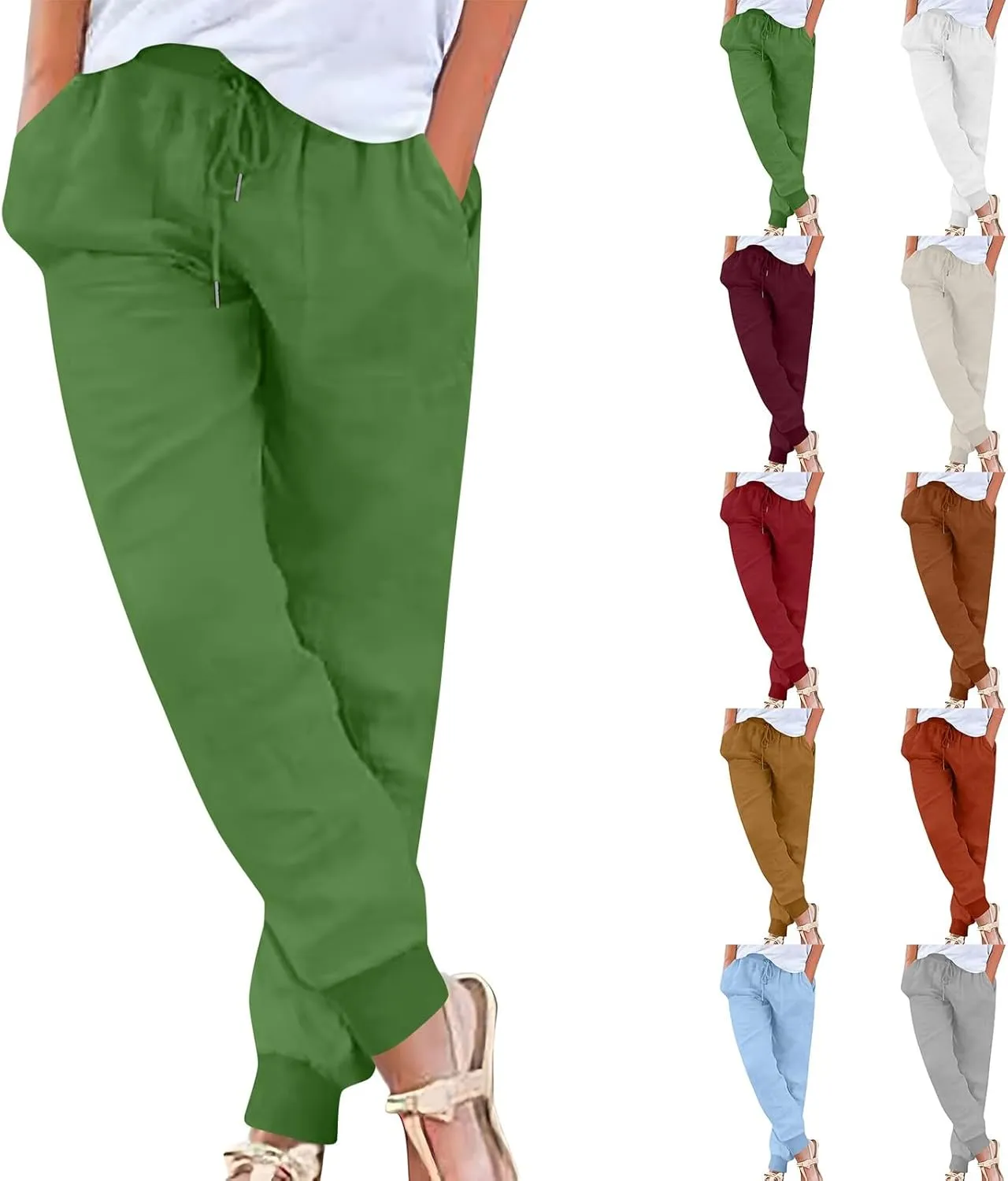 Womens Linen Pants Summer High Waist Cinch Bottoms Tapered Jogger Pants Baggy Comfy Outdoor Workout Trousers Pockets