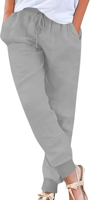 Womens Linen Pants Summer High Waist Cinch Bottoms Tapered Jogger Pants Baggy Comfy Outdoor Workout Trousers Pockets