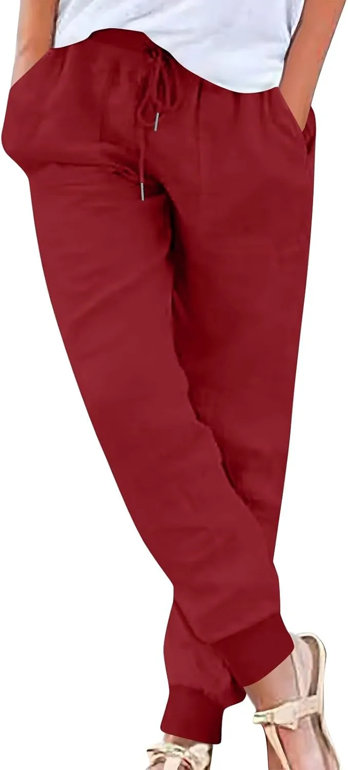 Womens Linen Pants Summer High Waist Cinch Bottoms Tapered Jogger Pants Baggy Comfy Outdoor Workout Trousers Pockets