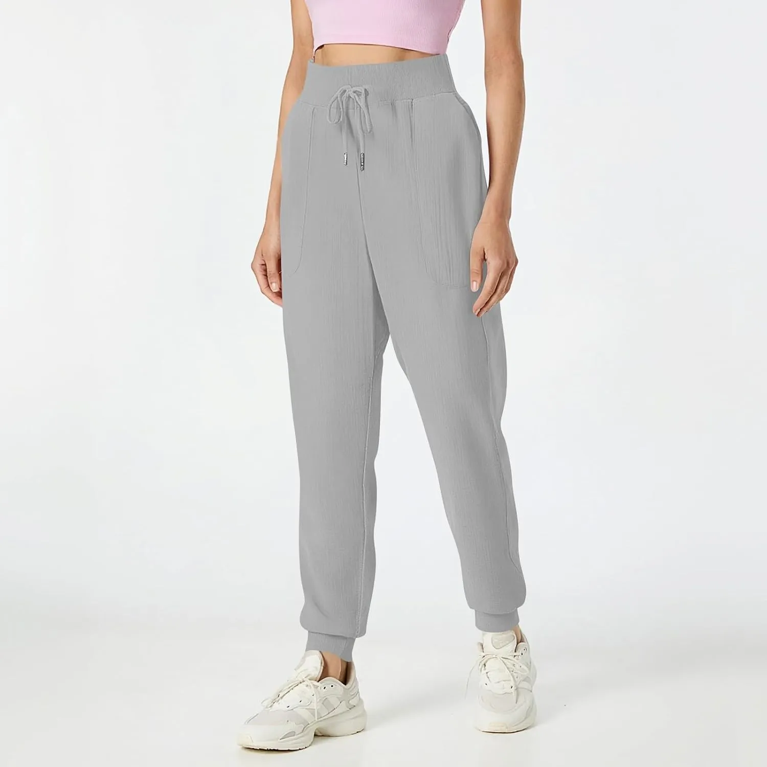 Womens Linen Pants Summer High Waist Cinch Bottoms Tapered Jogger Pants Baggy Comfy Outdoor Workout Trousers Pockets