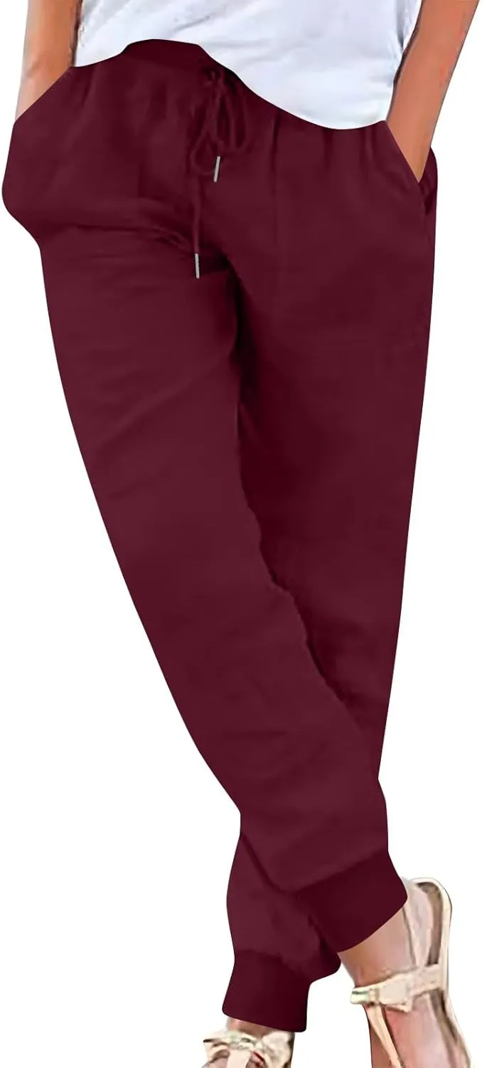 Womens Linen Pants Summer High Waist Cinch Bottoms Tapered Jogger Pants Baggy Comfy Outdoor Workout Trousers Pockets