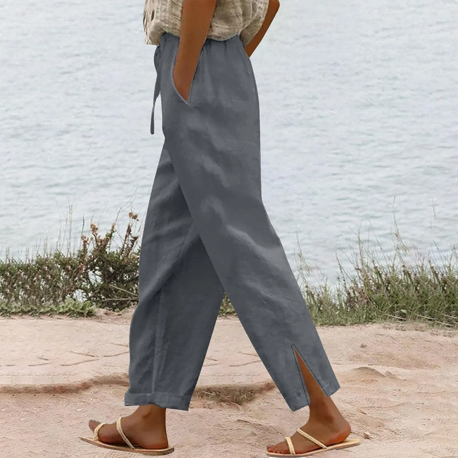 Womens Linen Wide Leg Pants Casual Loose Drawstring Beach Palazzo Harem Pants with Pockets