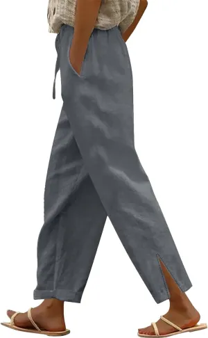 Womens Linen Wide Leg Pants Casual Loose Drawstring Beach Palazzo Harem Pants with Pockets