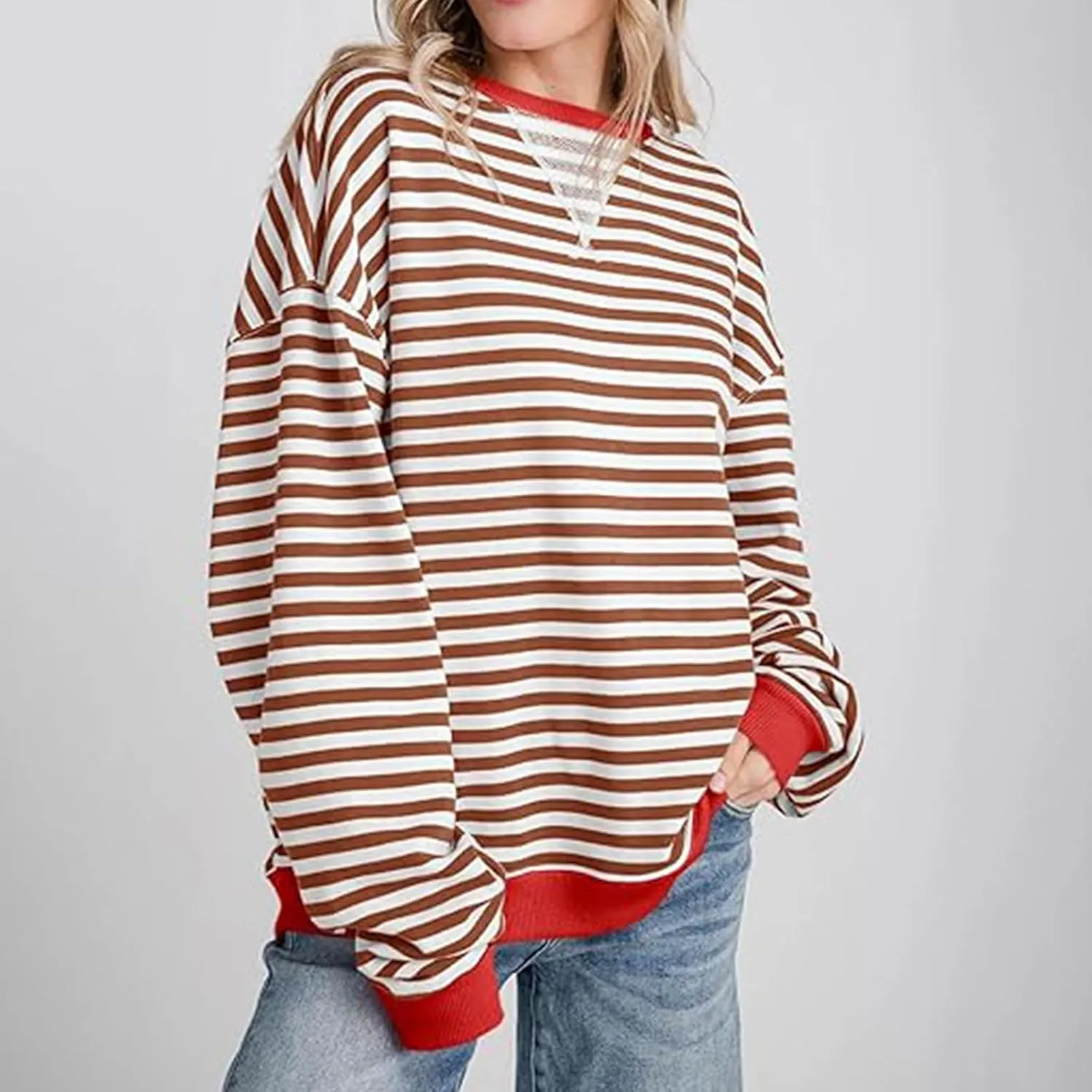 Womens Long Sleeve Tops 2024 Striped Shirt Drop Shoulder Round Neck Tops Loose Fit Casual Shirts Soft Comfortable Tops