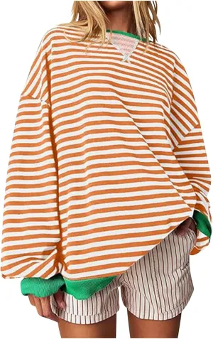 Womens Long Sleeve Tops 2024 Striped Shirt Drop Shoulder Round Neck Tops Loose Fit Casual Shirts Soft Comfortable Tops