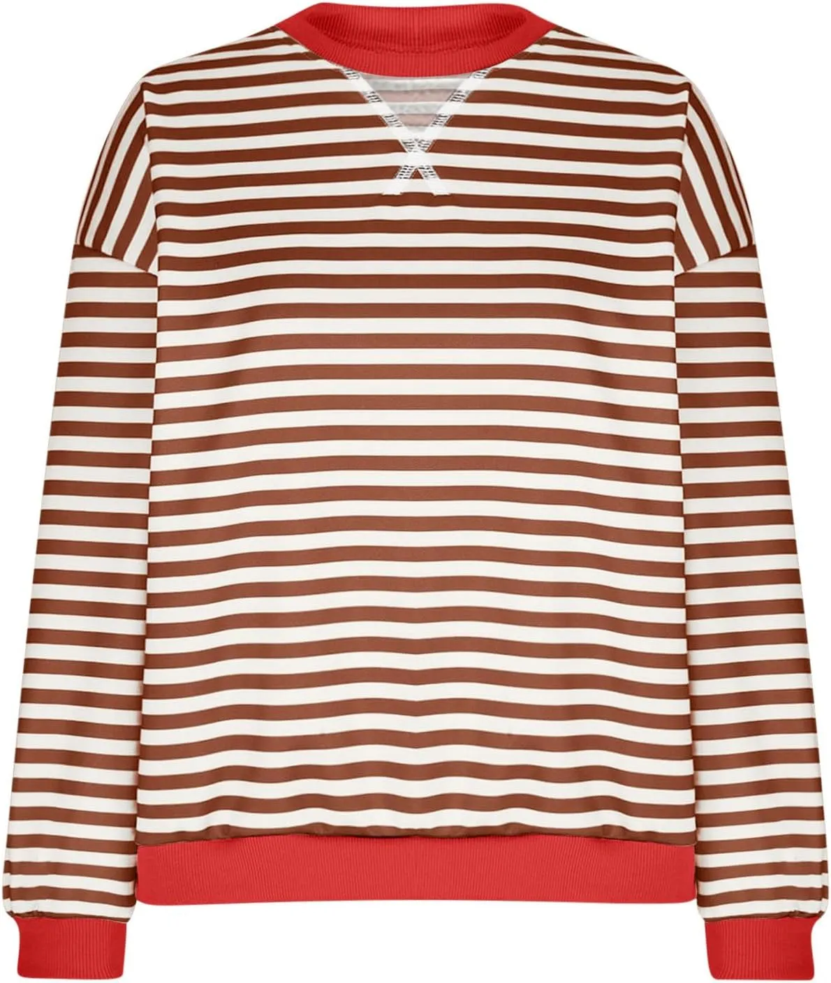 Womens Long Sleeve Tops 2024 Striped Shirt Drop Shoulder Round Neck Tops Loose Fit Casual Shirts Soft Comfortable Tops