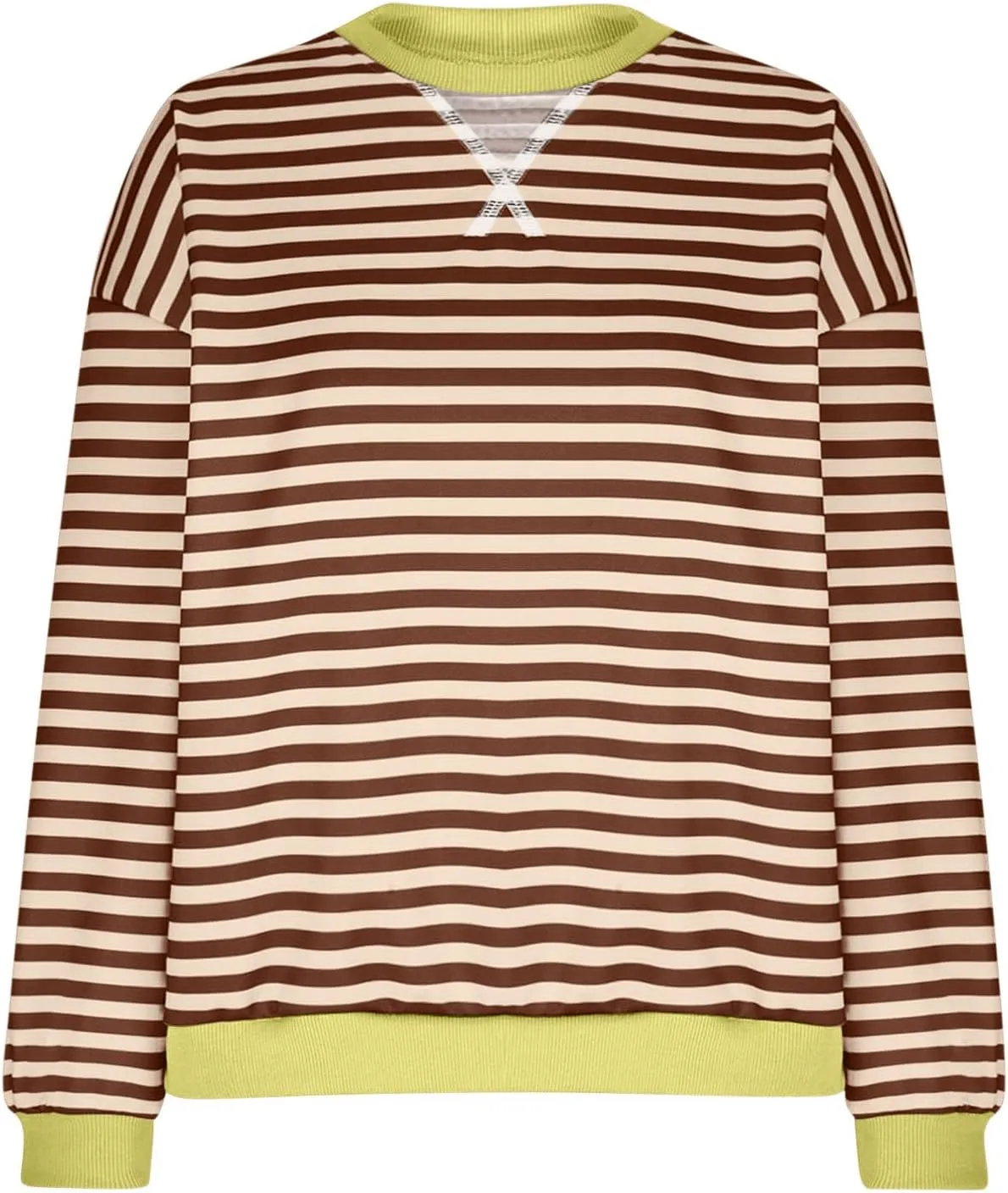 Womens Long Sleeve Tops 2024 Striped Shirt Drop Shoulder Round Neck Tops Loose Fit Casual Shirts Soft Comfortable Tops
