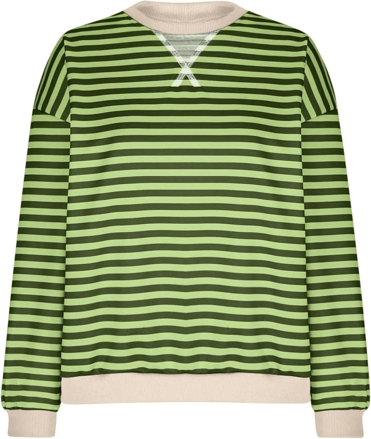 Womens Long Sleeve Tops 2024 Striped Shirt Drop Shoulder Round Neck Tops Loose Fit Casual Shirts Soft Comfortable Tops