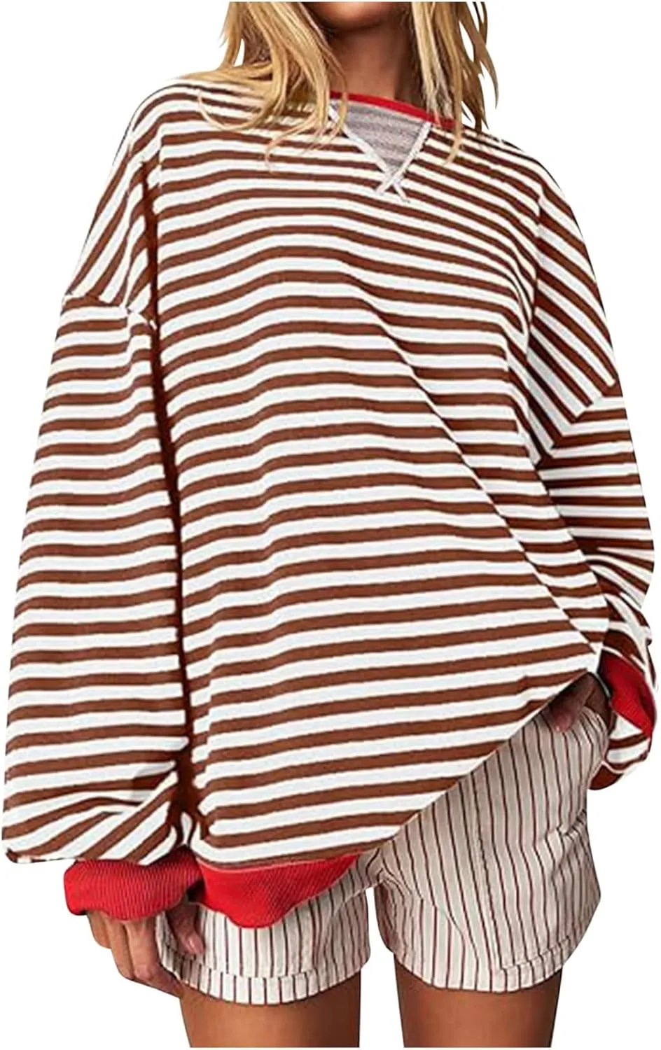 Womens Long Sleeve Tops 2024 Striped Shirt Drop Shoulder Round Neck Tops Loose Fit Casual Shirts Soft Comfortable Tops