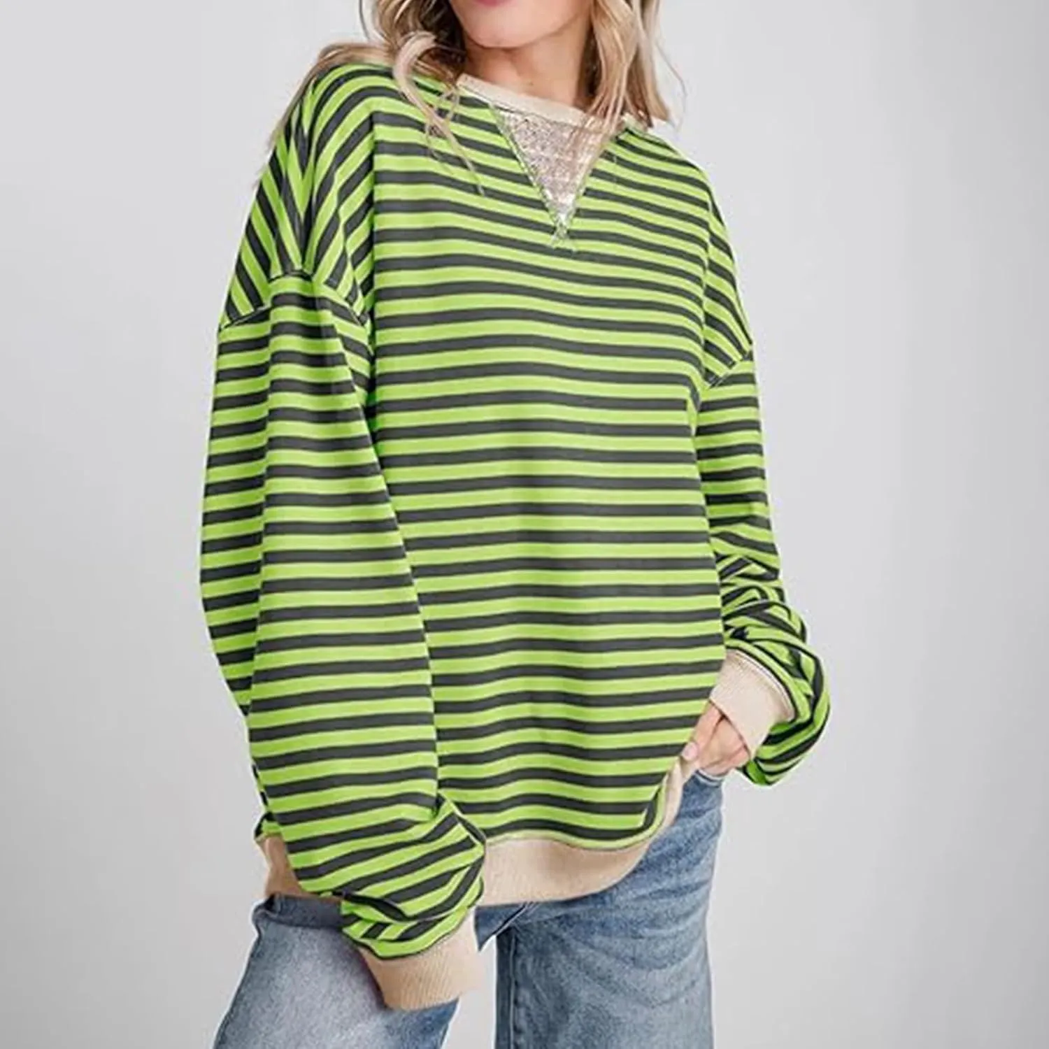 Womens Long Sleeve Tops 2024 Striped Shirt Drop Shoulder Round Neck Tops Loose Fit Casual Shirts Soft Comfortable Tops