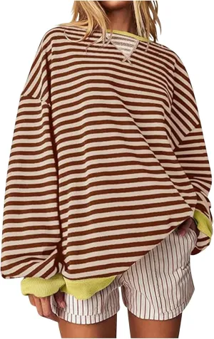 Womens Long Sleeve Tops 2024 Striped Shirt Drop Shoulder Round Neck Tops Loose Fit Casual Shirts Soft Comfortable Tops