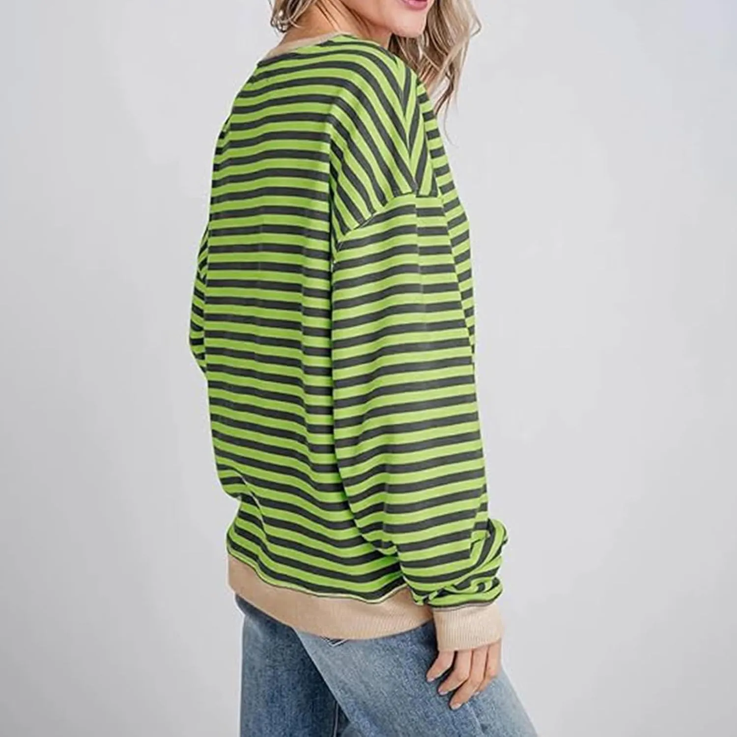Womens Long Sleeve Tops 2024 Striped Shirt Drop Shoulder Round Neck Tops Loose Fit Casual Shirts Soft Comfortable Tops