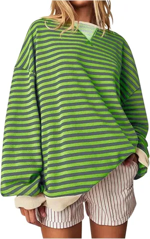 Womens Long Sleeve Tops 2024 Striped Shirt Drop Shoulder Round Neck Tops Loose Fit Casual Shirts Soft Comfortable Tops