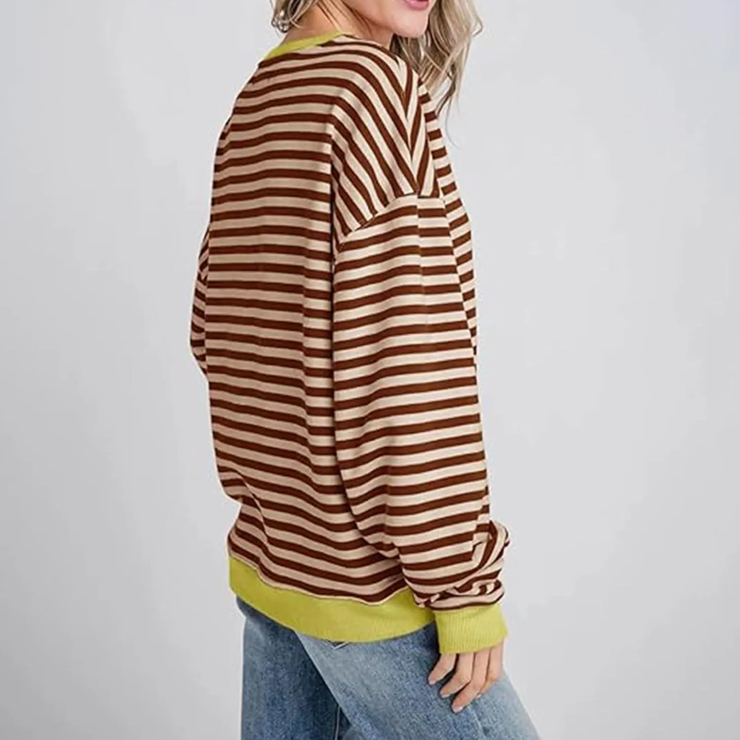 Womens Long Sleeve Tops 2024 Striped Shirt Drop Shoulder Round Neck Tops Loose Fit Casual Shirts Soft Comfortable Tops