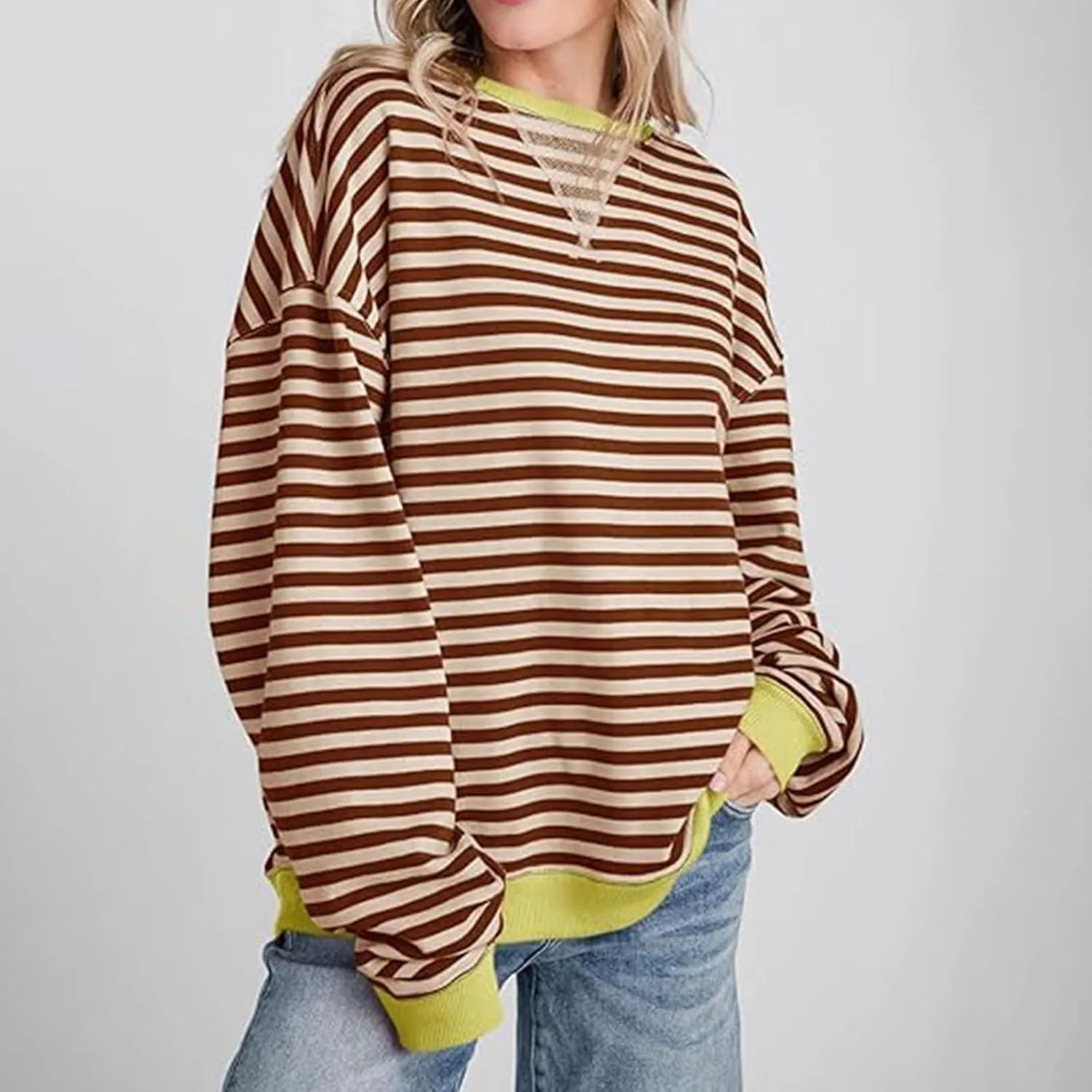 Womens Long Sleeve Tops 2024 Striped Shirt Drop Shoulder Round Neck Tops Loose Fit Casual Shirts Soft Comfortable Tops