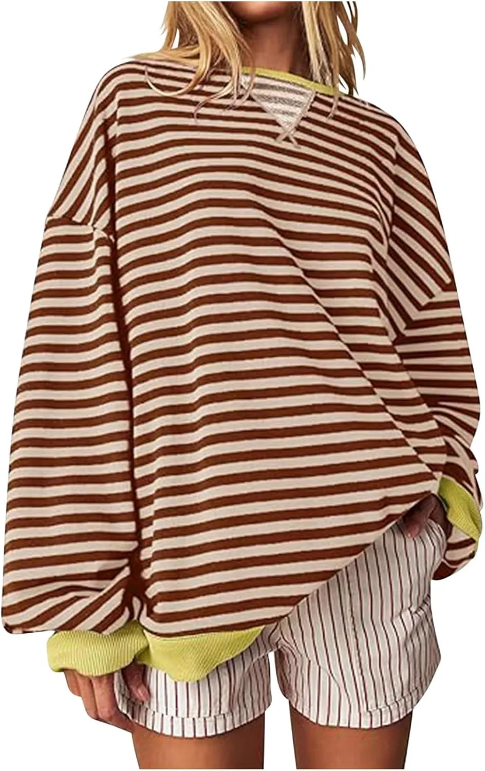 Womens Long Sleeve Tops 2024 Striped Shirt Drop Shoulder Round Neck Tops Loose Fit Casual Shirts Soft Comfortable Tops