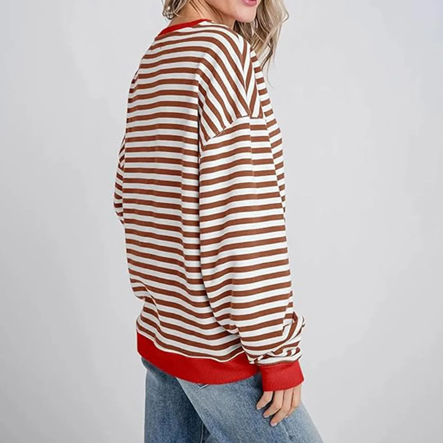 Womens Long Sleeve Tops 2024 Striped Shirt Drop Shoulder Round Neck Tops Loose Fit Casual Shirts Soft Comfortable Tops