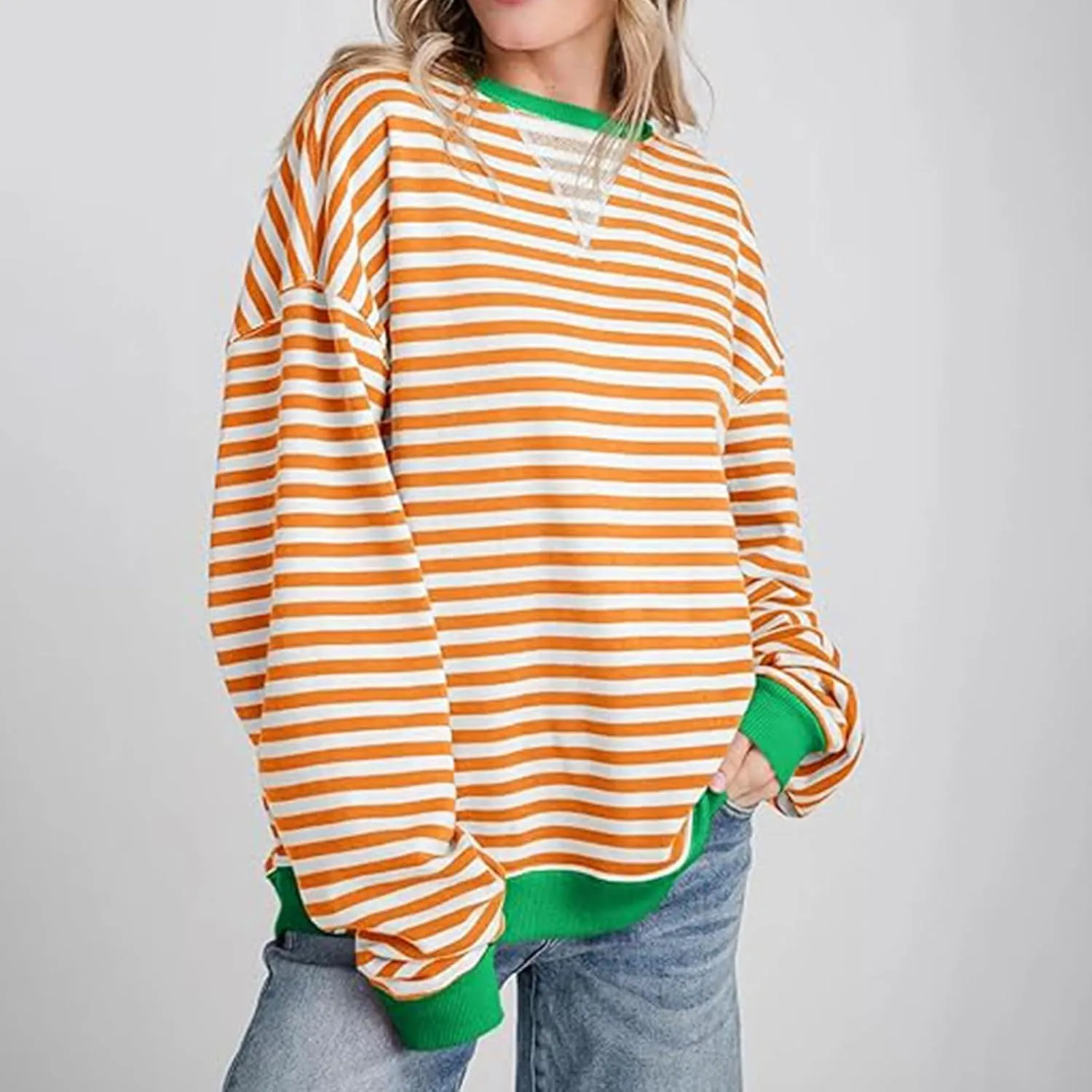 Womens Long Sleeve Tops 2024 Striped Shirt Drop Shoulder Round Neck Tops Loose Fit Casual Shirts Soft Comfortable Tops
