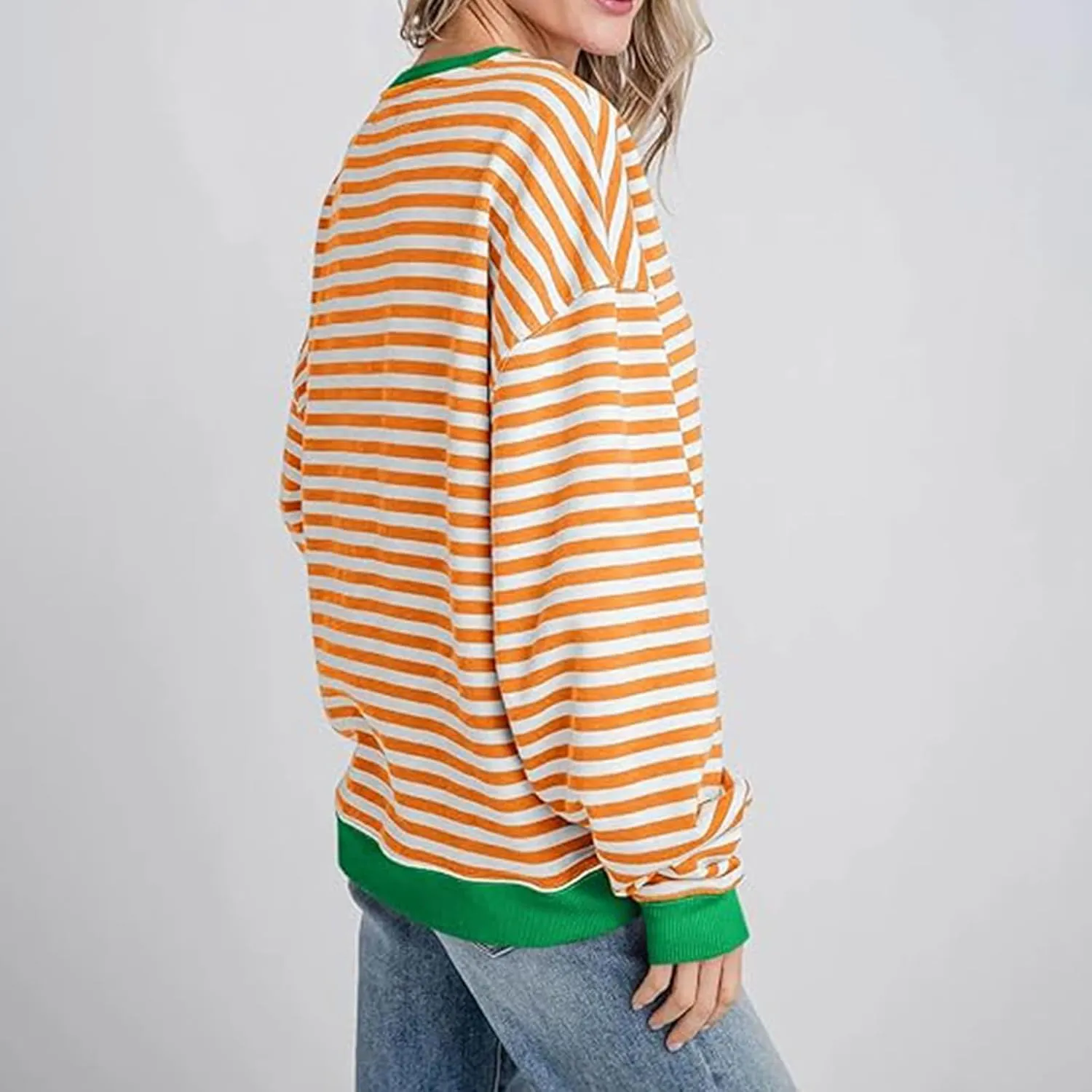 Womens Long Sleeve Tops 2024 Striped Shirt Drop Shoulder Round Neck Tops Loose Fit Casual Shirts Soft Comfortable Tops
