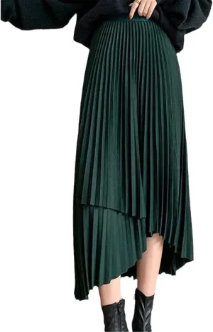 Women's Midi Pleated Skirts Asymmetrical Slim Elastic Waist Vintage Korean A-Line Black Chic