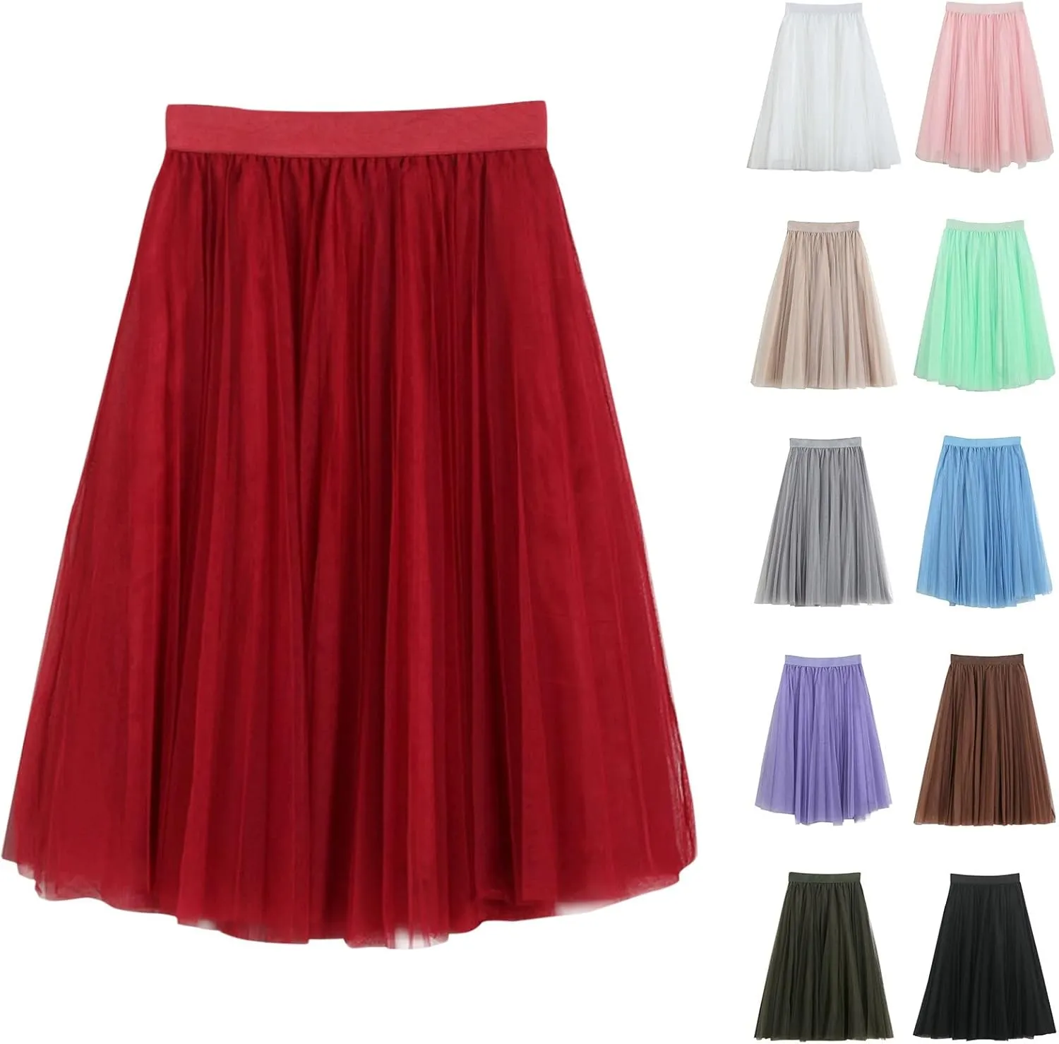 Womens Midi Skirts Summer Women's A Line Pleated Skirt Mid Long Skirt Ruffle Mesh Vintage Chiffon Midi Skirt for
